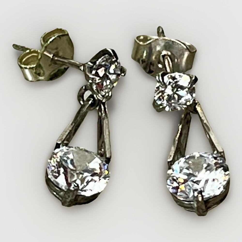 VTG 925 Sterling Silver Earrings Clear Faceted CZ Stones Drop Dangle Teardrop